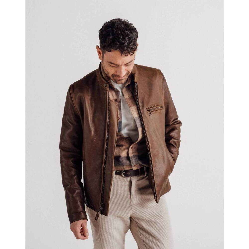 NEW SCHOTT N.Y.C. waxed natural pebbled cowhide cafe racer jacket in brown